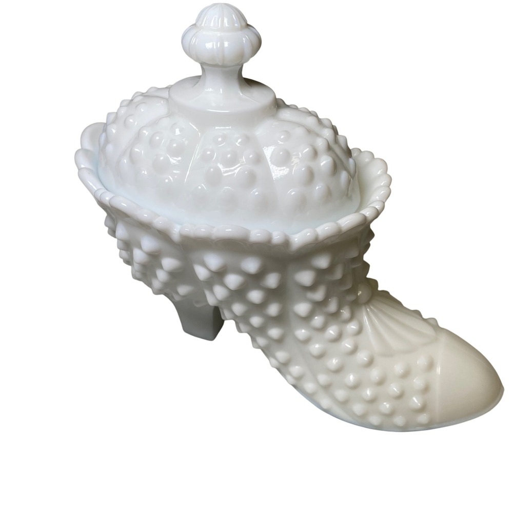 Vintage Fenton White Milk Glass Hobnail Shoe Slipper Covered Trinket Dish Candy - Picture 2 of 7